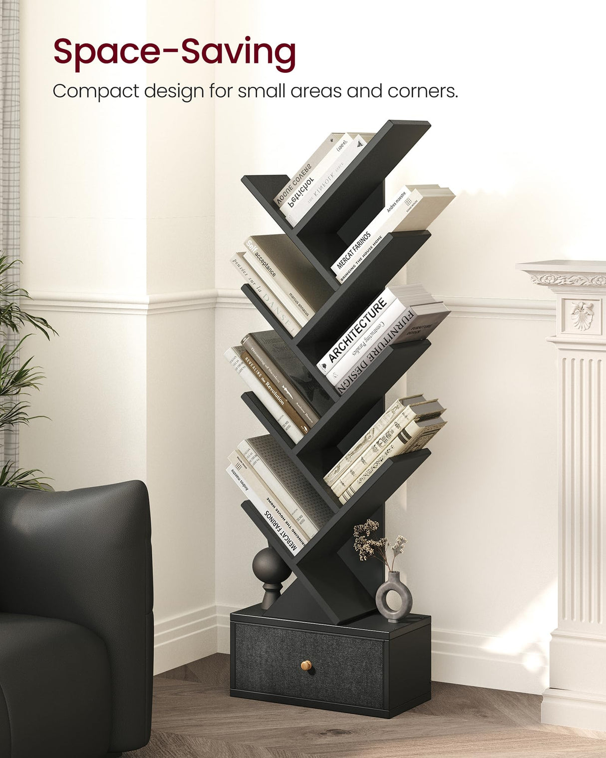 Yzosvki 9 Tier Tree Book Shelf with Drawer, Floor Standing Bookshelf Storage Organizer Bookshelves for Books/CDs, 9 Shelf Narrow Bookcase for Sturdy Room, Bedroom, Living Room, Black Yzosvki