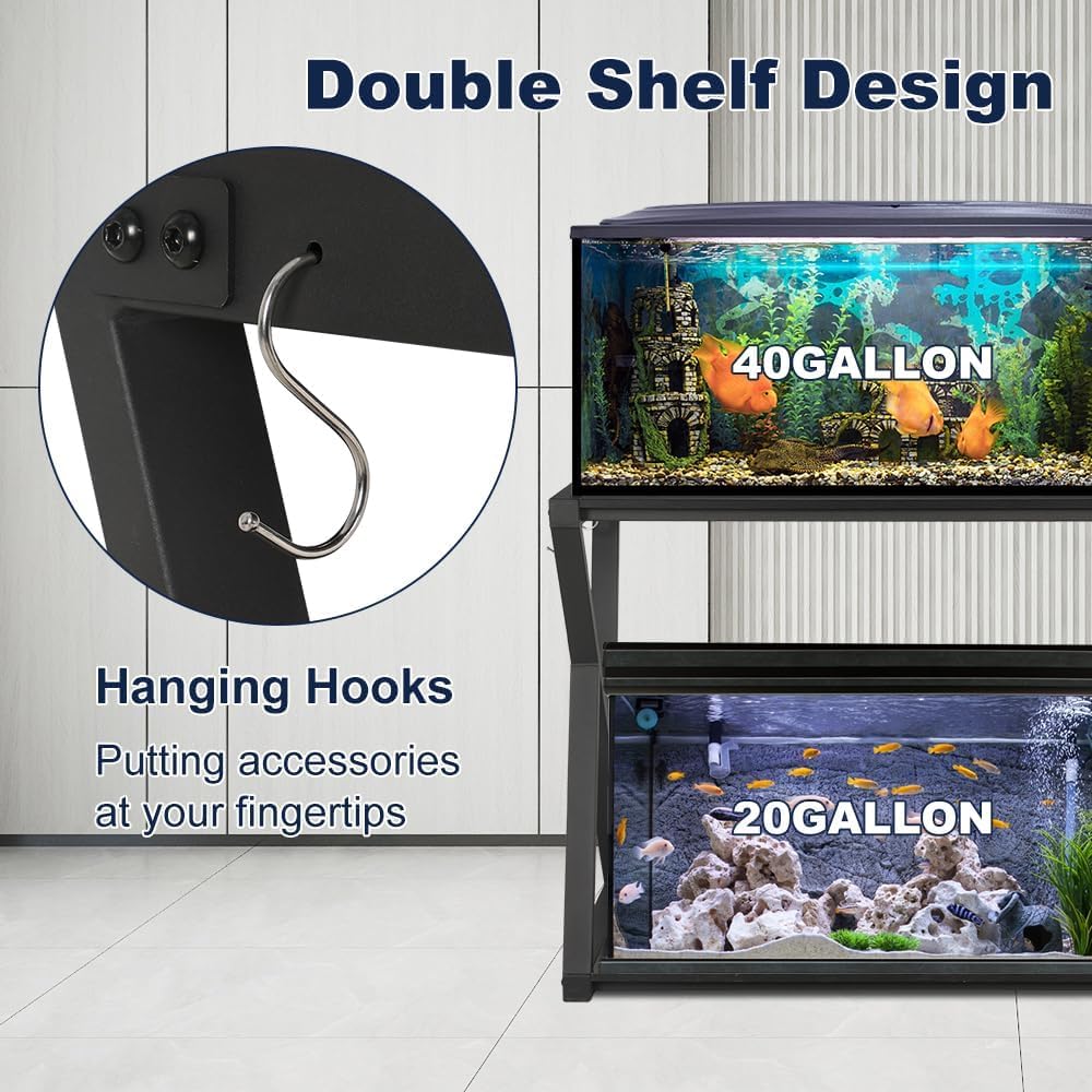 SMONTER Fish Tank Stand 40 Gallon Aquarium Stand, Metal Heavy Duty 20 Gallon Turtle Tank Shelf, Reptile Tank Stand with Hooks, L36.6*W18.5*H28, Black Oak Grain (Stand Only) SMONTER
