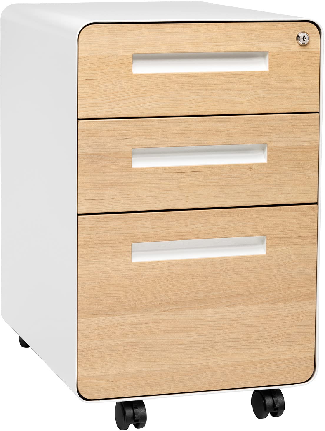 Laura Davidson Furniture Stockpile 3 Drawer File Cabinet with Lock - Under Office Desk Metal Filing Cabinet, Legal/Letter File Folders, Wheels and Stationary Feet, Pre-Assembled, White/Wood Laura Davidson Furniture