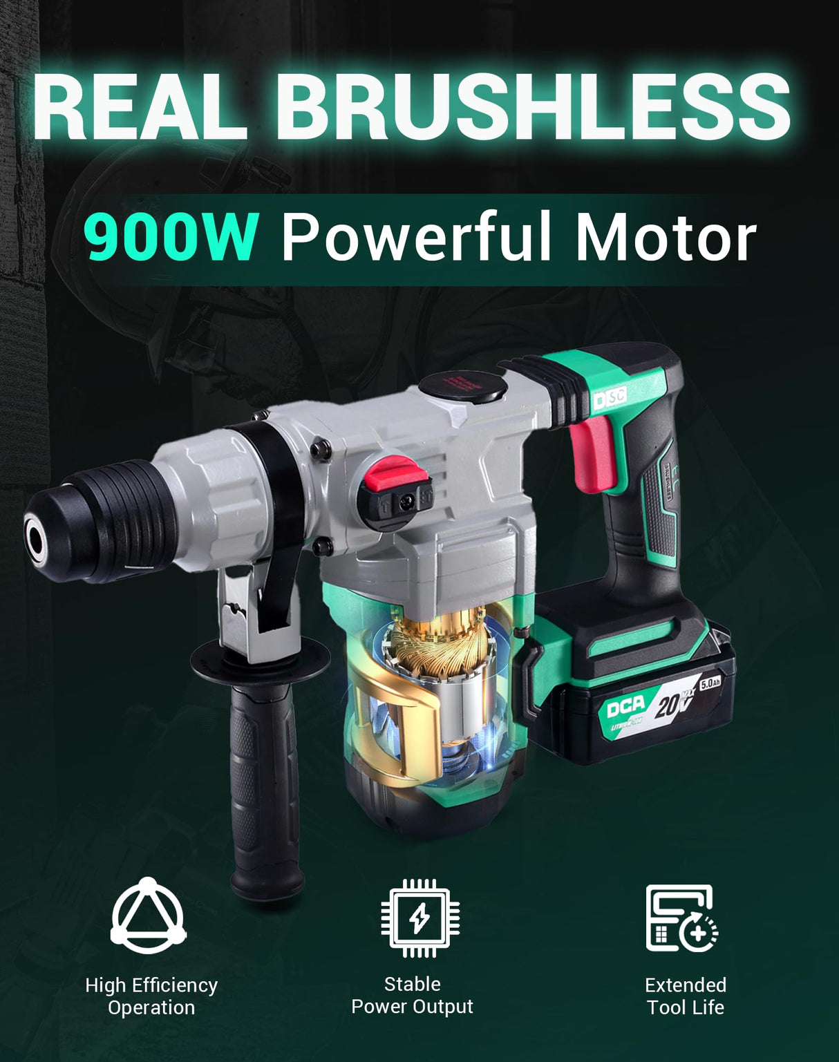 DCA 20V MAX Brushless Rotary Hammer Drill, 4.5 Joule, 3800BPM, 1-1/8 Inch SDS-Plus Cordless, 5.0Ah Battery, 4A Fast Charger, Safety Clutch and Vibration Control, 4 Drill Bits and 2 Chisels DCA