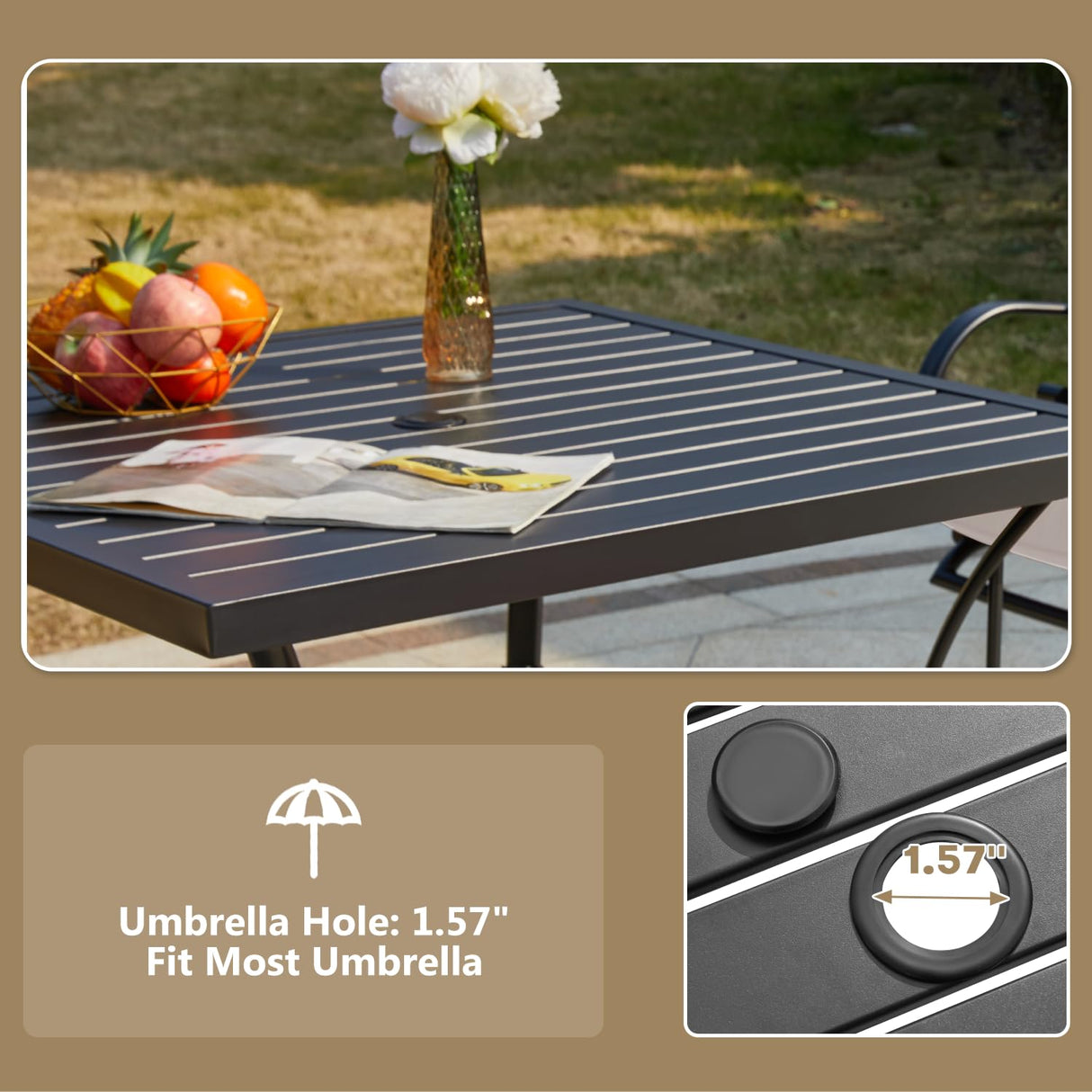 MELLCOM 5 Pcs Outdoor Dining Set, 4 Swivel Rocker Chairs with Thick Cushions & Square Dining Table with Umbrella Hole, Patio Furniture Set for Porch, Beige MELLCOM