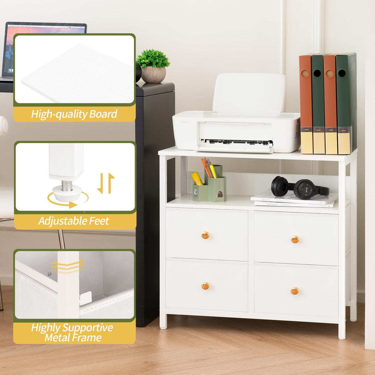 Yoobure Night Stand with Charge Station, Nightstand with 4 Drawers Bedside Table, LED Dresser with Storage Shelf, Night Stands for Bedroom, Side Table 3-Tier Wood End Table for Home, Office White Yoobure