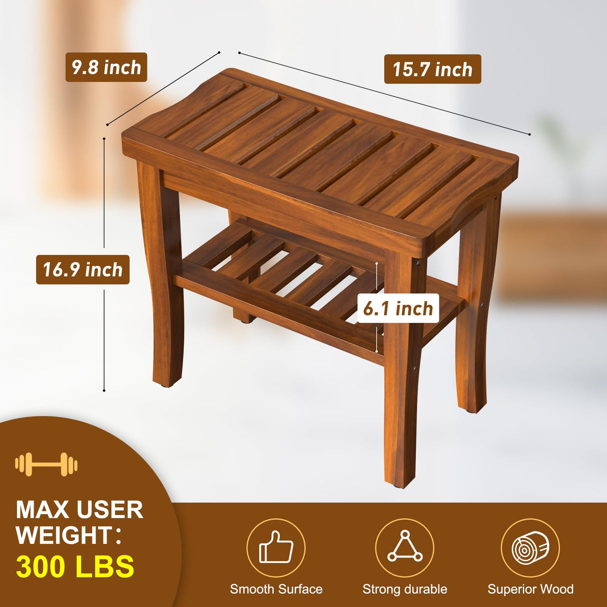 Teak Wood Shower Bench Stool with Storage Shelf, Wooden Waterproof Bathroom Spa Bathing Teak Shower Stool with Non-Slip Feet Gadget 2024 for Indoor or Outdoor Shower Chair Seat Organizer Greenual