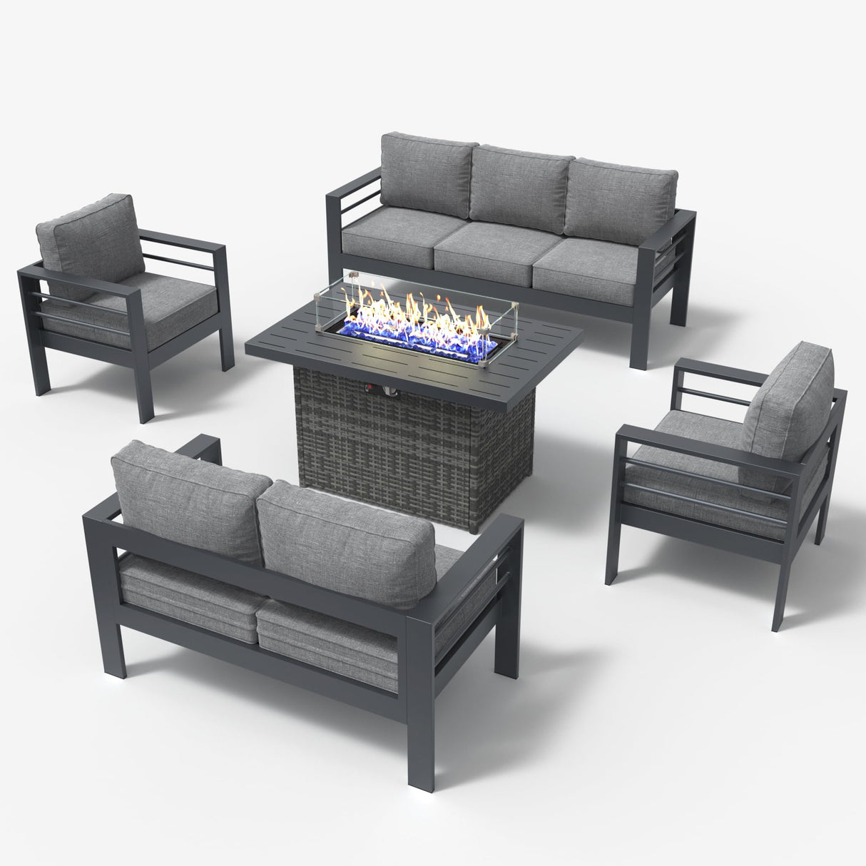LayinSun Aluminum Furniture Set with Fire Pit Table, 5 Pieces Patio Sectional Conversation Chat Sofa Modern Seating Set LayinSun