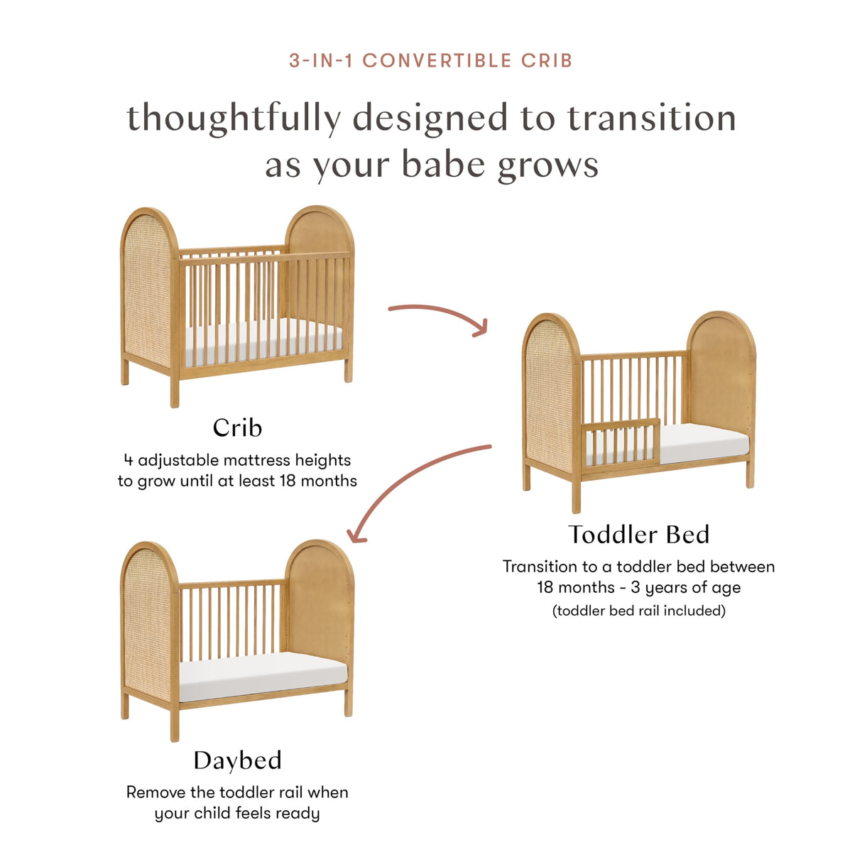 babyletto Bondi Cane 3-in-1 Convertible Crib with Toddler Bed Conversion Kit in Honey with Natural Cane, Greenguard Gold Certified babyletto