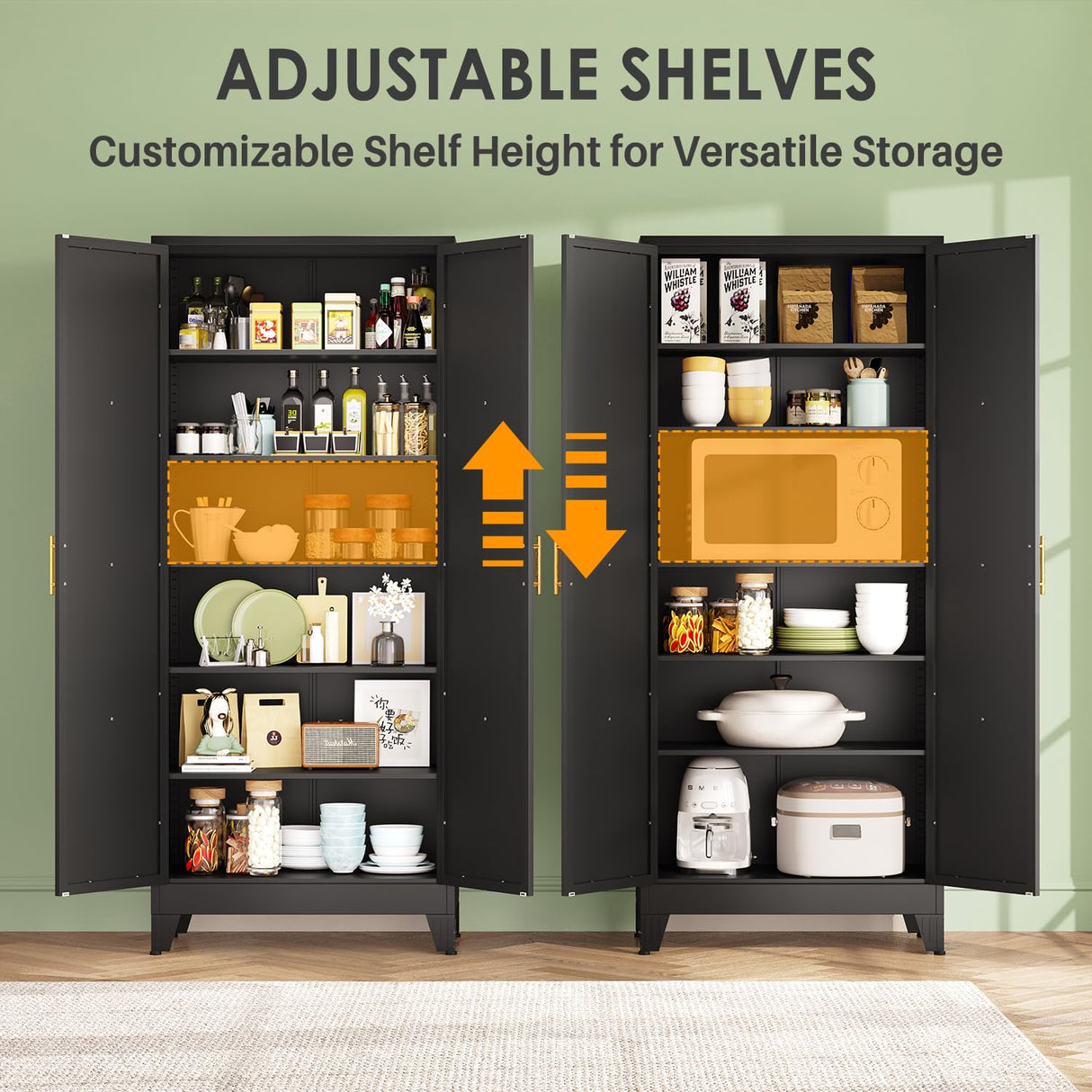 75" Tall Metal Kitchen Pantry Storage Cabinet with 2 Doors and 5 Adjustable Shelves, White Food Freestanding Cupboard for Kitchen, Dining Room, Bathroom and Garage (Black) pozdeg