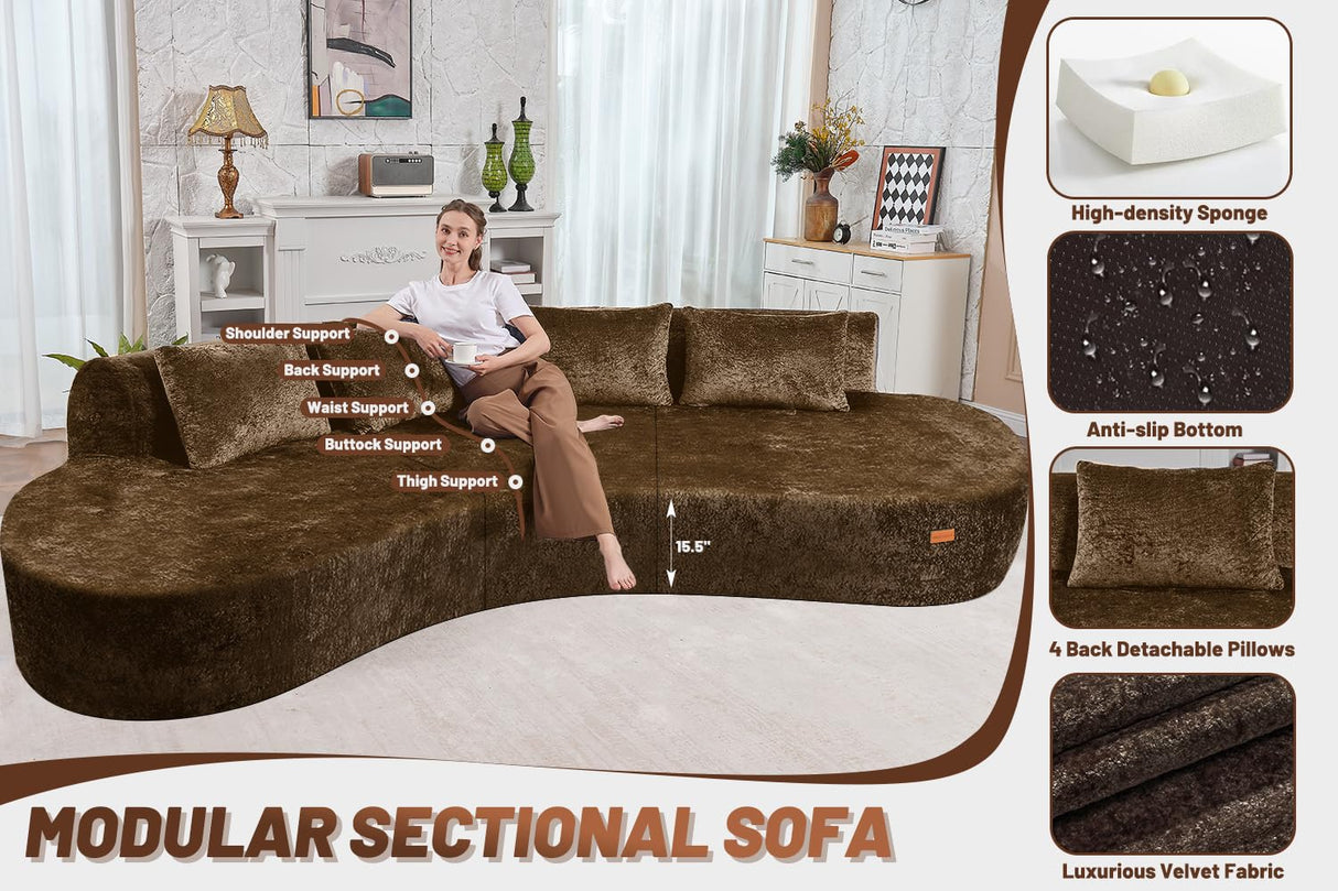 HABUTWAY 104'' Modular Sectional Sofa with Memory Foam Filled, Modern Curved Sofa Deep Seat Cloud Couch with 4 Pillows, No Assembly Required, Oversized Couches for Living Room Apartment Office, Brown HABUTWAY