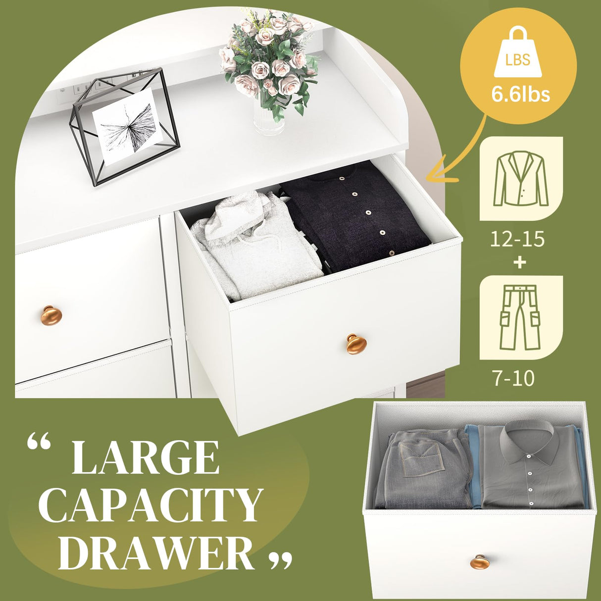 Yoobure Dresser for Bedroom with Charging Station, 6-Drawer Chest Furniture with LED Lights, Fabric Dressers & Chests of Drawers, Storage Tower Organizer Unit for Kids Room Closet Living Room Hallway Yoobure