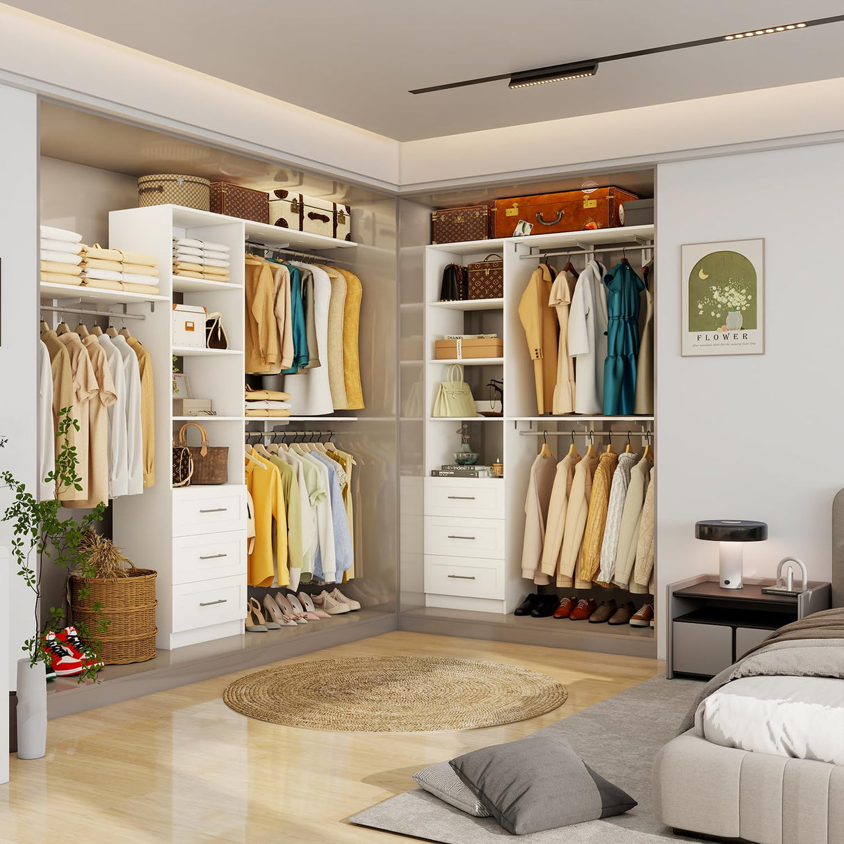 Sokiche Closet System with Drawers, 5FT-8FT Closet Organizer System with Shelves & Adjustable Hanging Rods, 96" Walk in Closet System Storage Wood, White Sokiche