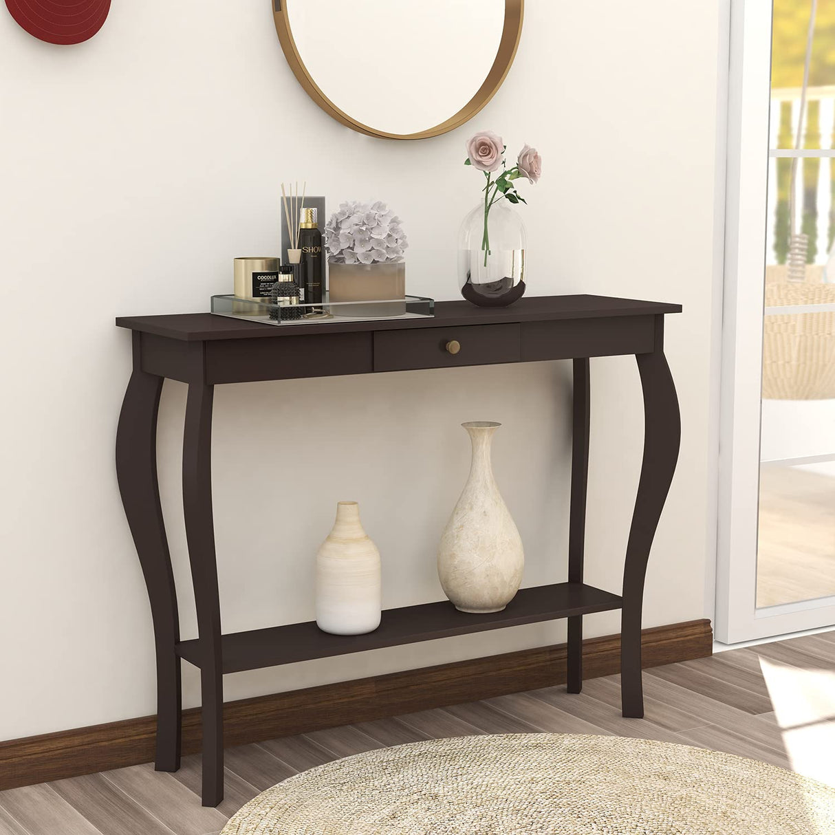 ChooChoo Narrow Console Table with Drawer, Chic Accent Sofa Entryway Table with Shelves for Entryway, Living Room, Hallway, Espresso ChooChoo