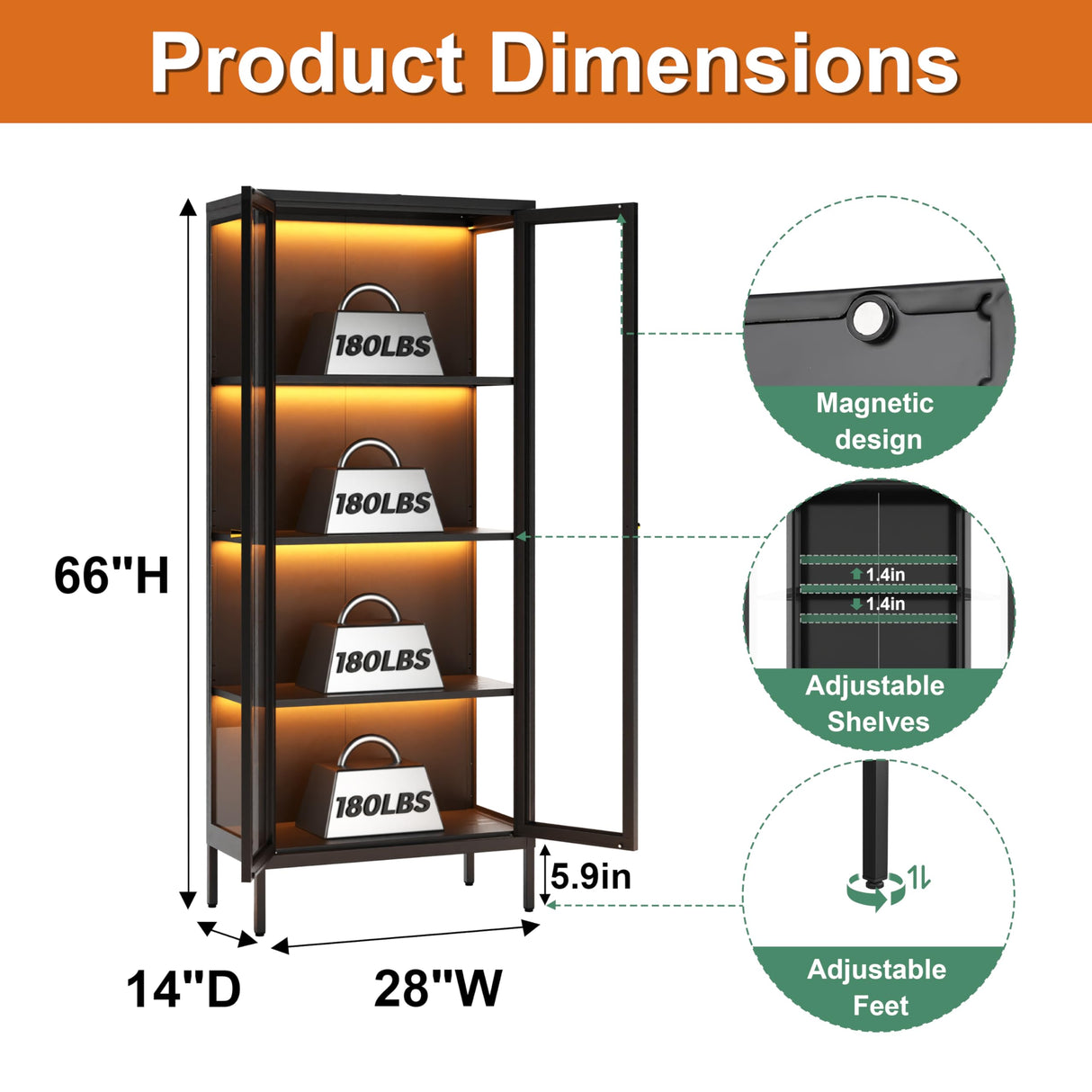 TIMELESS PIECES 66" H Glass Display Cabinet 4-Tier,Lighted Display case,Curio Cabinet with Glass Doors and Adjustable Shelves,Display Shelf for Collectibles,Living Room TIMELESS PIECES