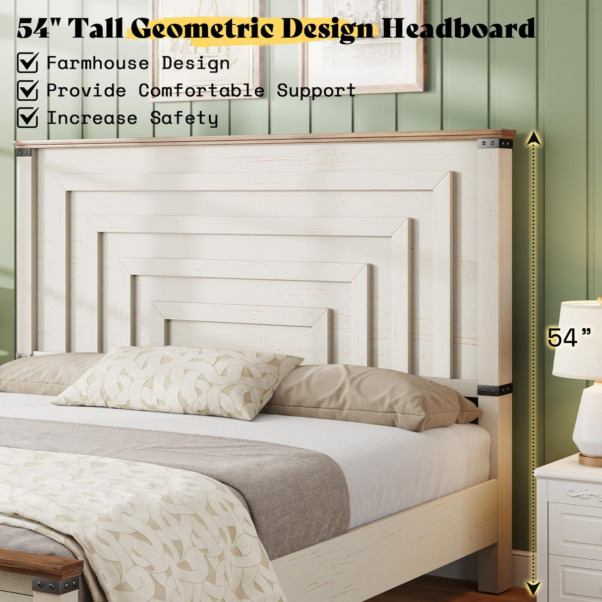 AMERLIFE Farmhouse King Size Bed Frame with 54" Tall Geometric Headboard & Footboard, Rustic Wood Platform Bed Frame/w 3 Large Storage Drawers, Wood Slats Support, No Box Spring Needed, Rustic White AMERLIFE