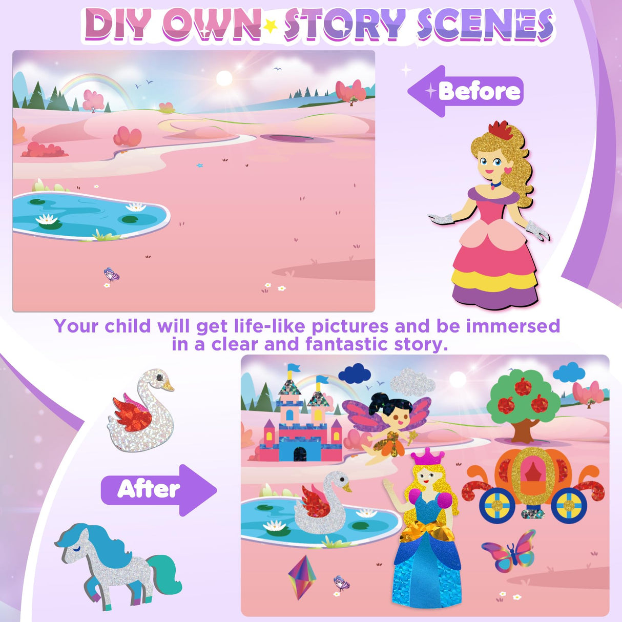 Arts and Crafts for Kids Ages 4-8, Art Craft Supplies Kits, DIY Creative Travel Toys Activity, Princess & Prince & Castle & Girl, Coloring Sticker Books, Easter Basket Stuffers, Gifts for Girls URMYWO