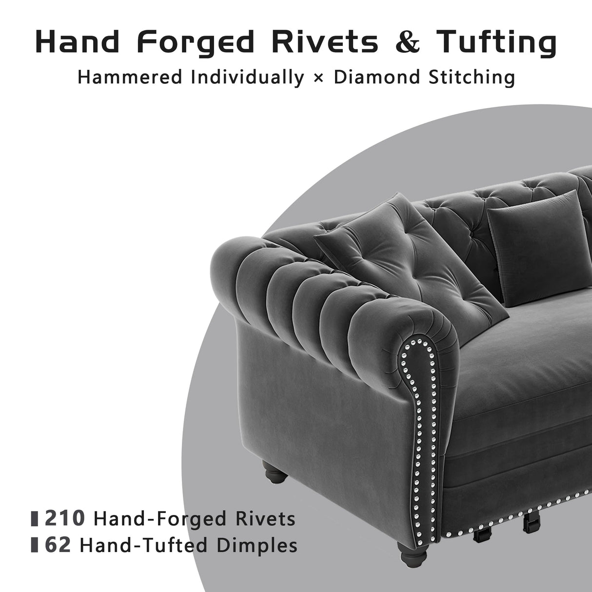 LuxyHoom 89" King Pull Out Sofa Bed, Velvet Chesterfield Sleeper Sofa Couch, 3 in 1 Convertible Tufted Futon Couches with Ottoman for Living Room, Small Space, Apartment, Office, Bedroom, Gray LuxyHoom