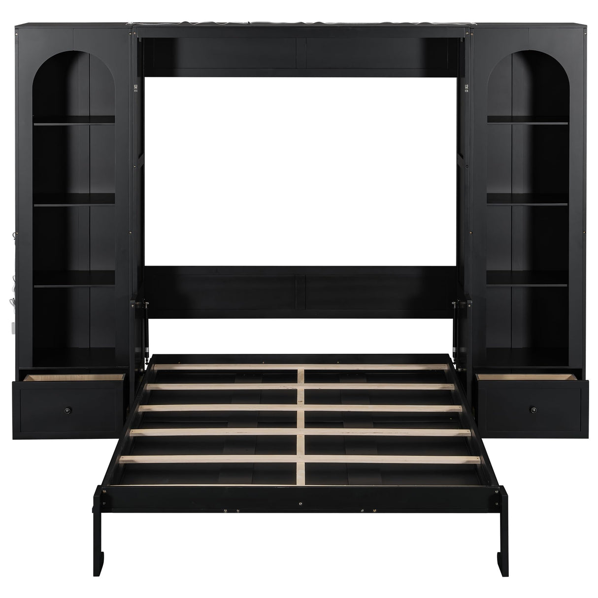 Queen Murphy Bed with Desk and Storage & LED Light, Solid Wood Hideaway Murphy Wall Bed with Storage Bookcase Shelves and Drawers for Adults (Black,Queen) MERITLINE