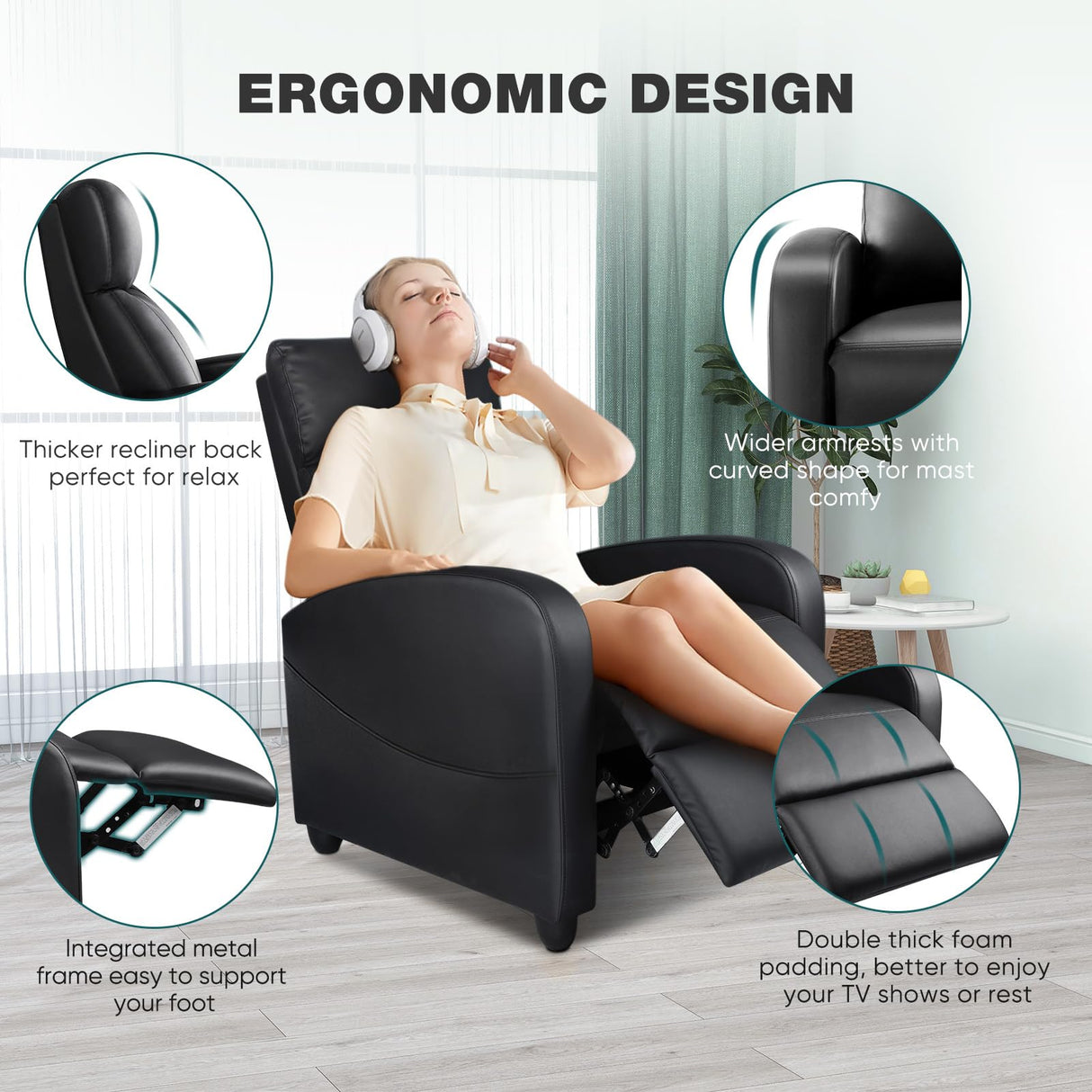 SMUG Recliner Chair Living Room Recliner with Adjustable Backrest and Footrest Modern Design for Home Upholstered Armchair in Soft Fabric, Black,PU+PVC SMUG