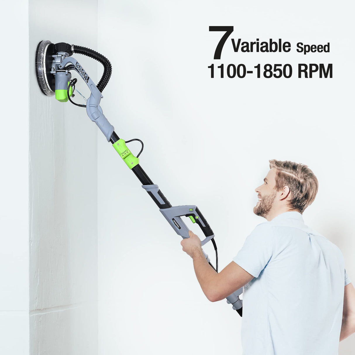 WORKPRO Drywall Sander, 720W Electric Sander with 12Pcs Sanding Discs, 7 Variable Speed 1100-1850 RPM Wall Sander with Extendable Handle, LED Light, Floor and Popcorn Ceiling Removal Tool WORKPRO