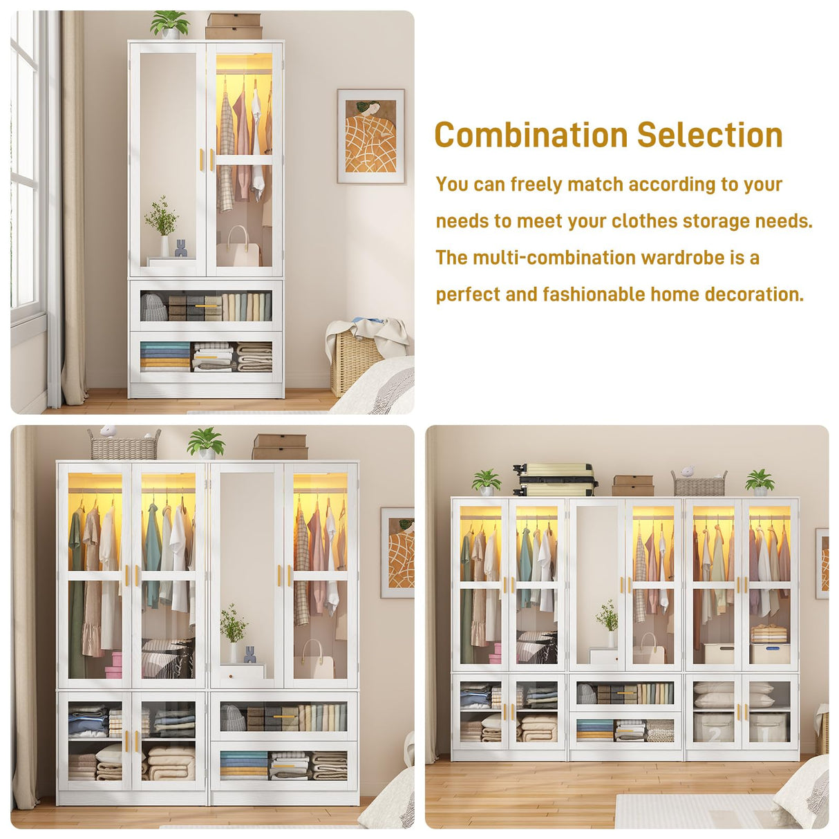 2 Doors Armoire Wardrobe Closet with LED and Mirror,71" H Freestanding Wooden Wardrobe Closet Cabinet for Bedroom w 2 Drawers,Wooden Clothing Storage Cabinet w Hanging Rod,Closets for Bedroom(White) chartustriable