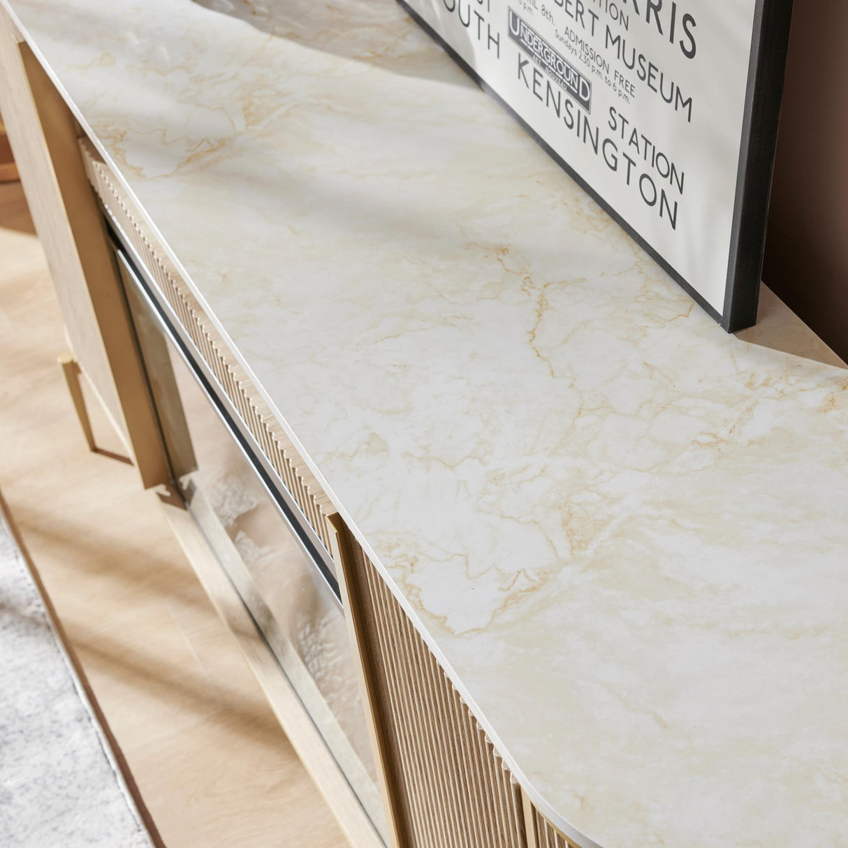 OKD Luxury 70" Fluted Fireplace TV Stand, Modern Chic Entertainment Center for TVs Up to 80 inches, TV Console with Faux Marble Top, Curved Profile Design, Media Console for Living Room, Natural Oak OKD