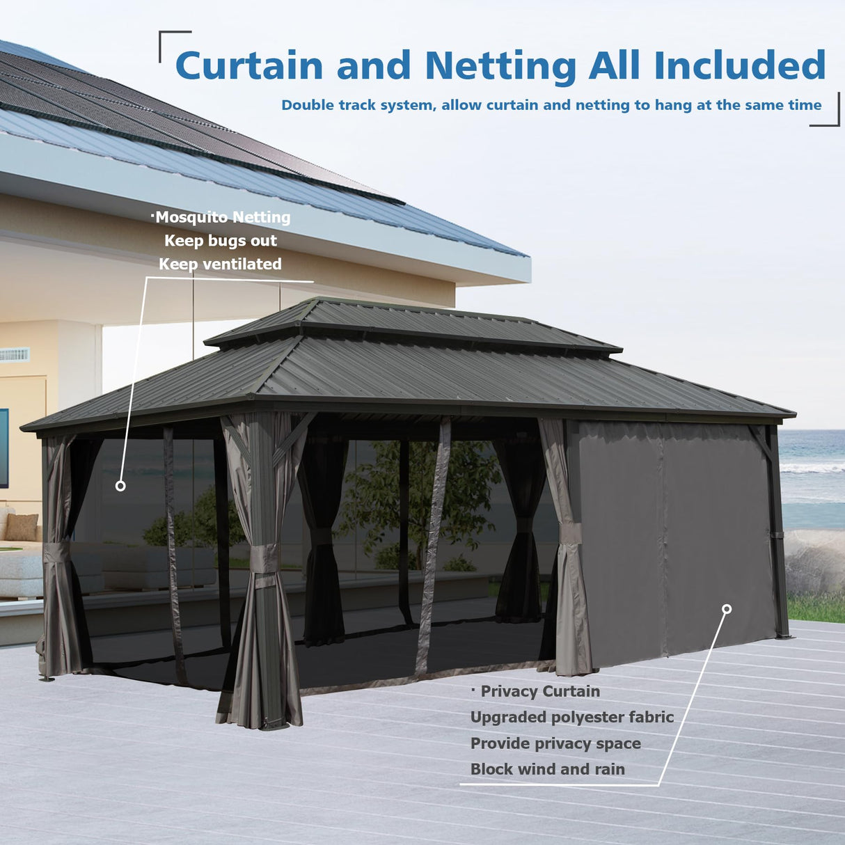 SHPAI 12’ x 20’ Hardtop Gazebo, Outdoor Aluminum Gazebo with Galvanized Steel Double Roof Canopy, Outdoor Permanent Metal Pavilion with Curtains and Netting for Patio, Backyard and Lawn, Dark Grey SHPAI
