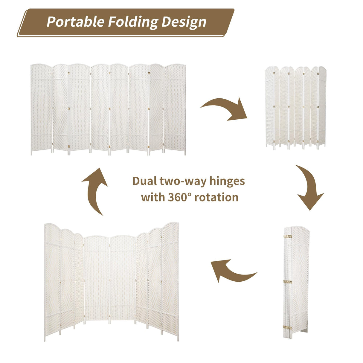 Duraspace 8 Panels Room Divider 6 FT Tall Weave Fiber Privacy Screen Freestanding Double Hinged Folding Screen Extra Wide Room Dividers for Patio Privacy (Off White) DURASPACE