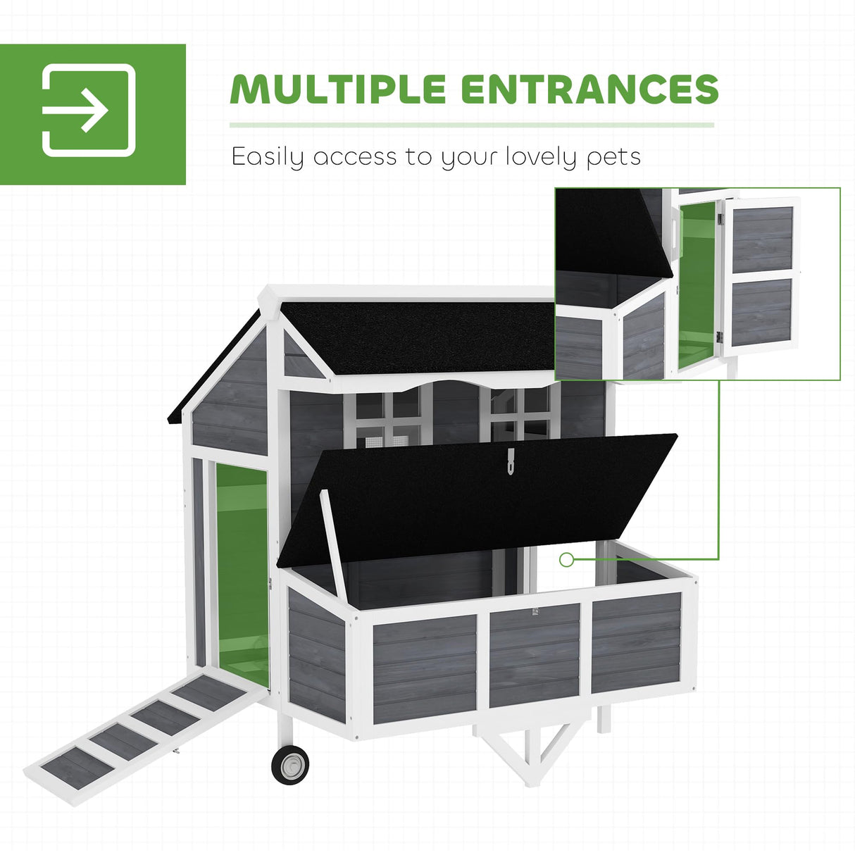 PawHut 43" Chicken Coop with Wheels, Mobile Chicken House with Nesting Box, Windows, Pull-Out Tray, Perches, Wooden Chicken Tractor for 2-4 Hens, Rabbits, for Backyard, Patio, Gray PawHut