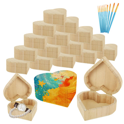 ACXFOND 12PCS Unfinished Unpainted Wooden Box with 20PCS Art Brushes, Unfinished Wooden Heart Box with Hinged Lid Wood Craft Box Organizer for Jewelry Box Gift Box Artist Tool