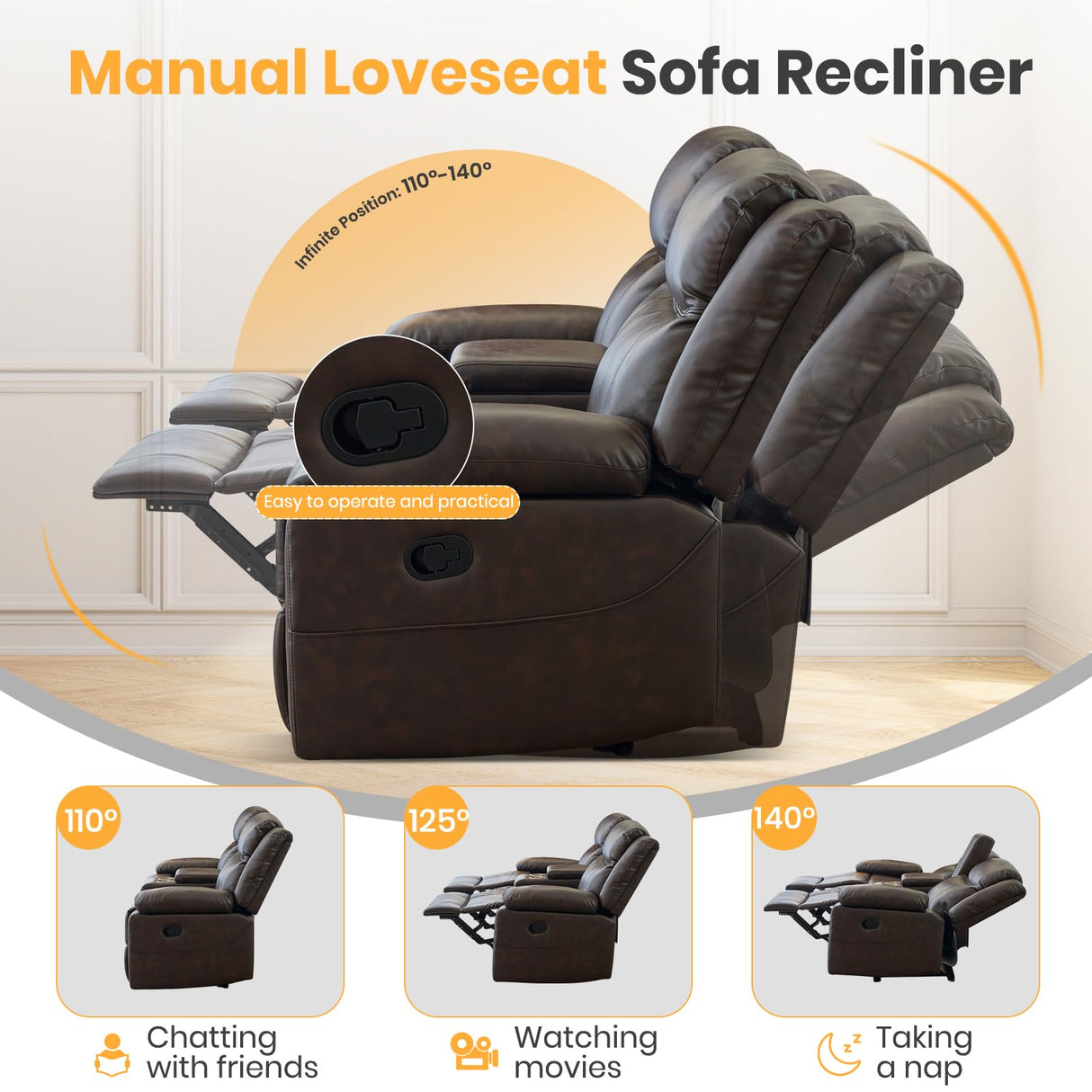 RIHEREFY Loveseat Recliner Sofa with Massage & Heating, Reclining Loveseat with Console, RV Wall Hugger Double Loveseat Recliner Couch for Living Room & Home Theater (Brown) RIHEREFY