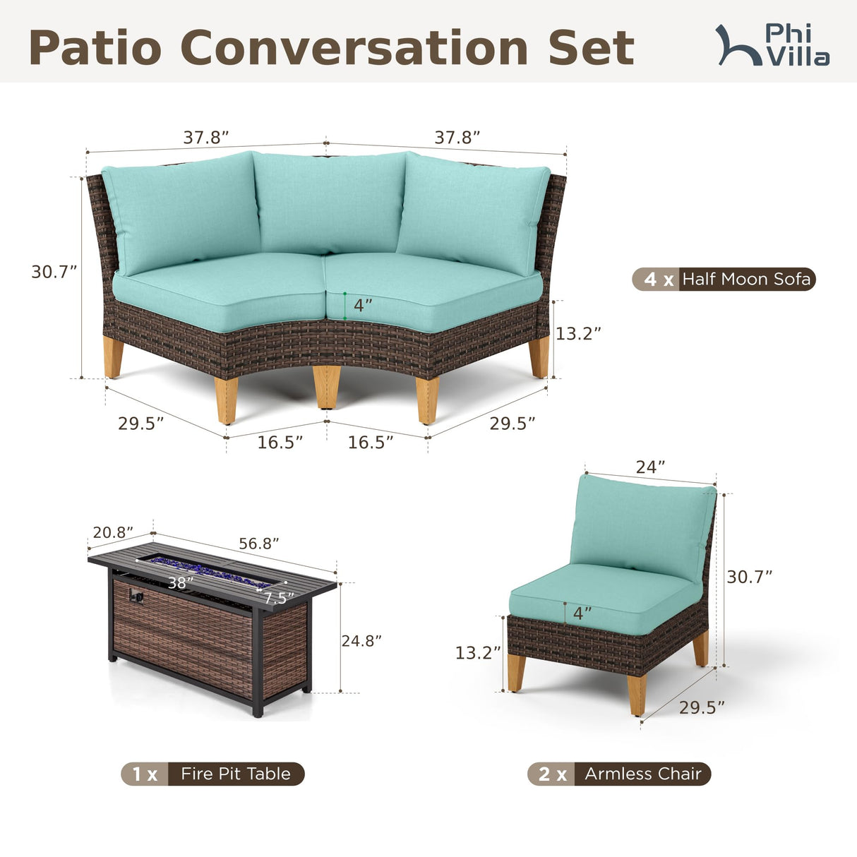 PHI VILLA 9-Piece Half Moon Patio Furniture Set with 56" Fire Pit Table, Outdoor Wicker Sectional Sofa with Aqua Blue Cushions, 2 Ottomans, Large Curved Conversation Seating for Garden or Backyard PHI VILLA