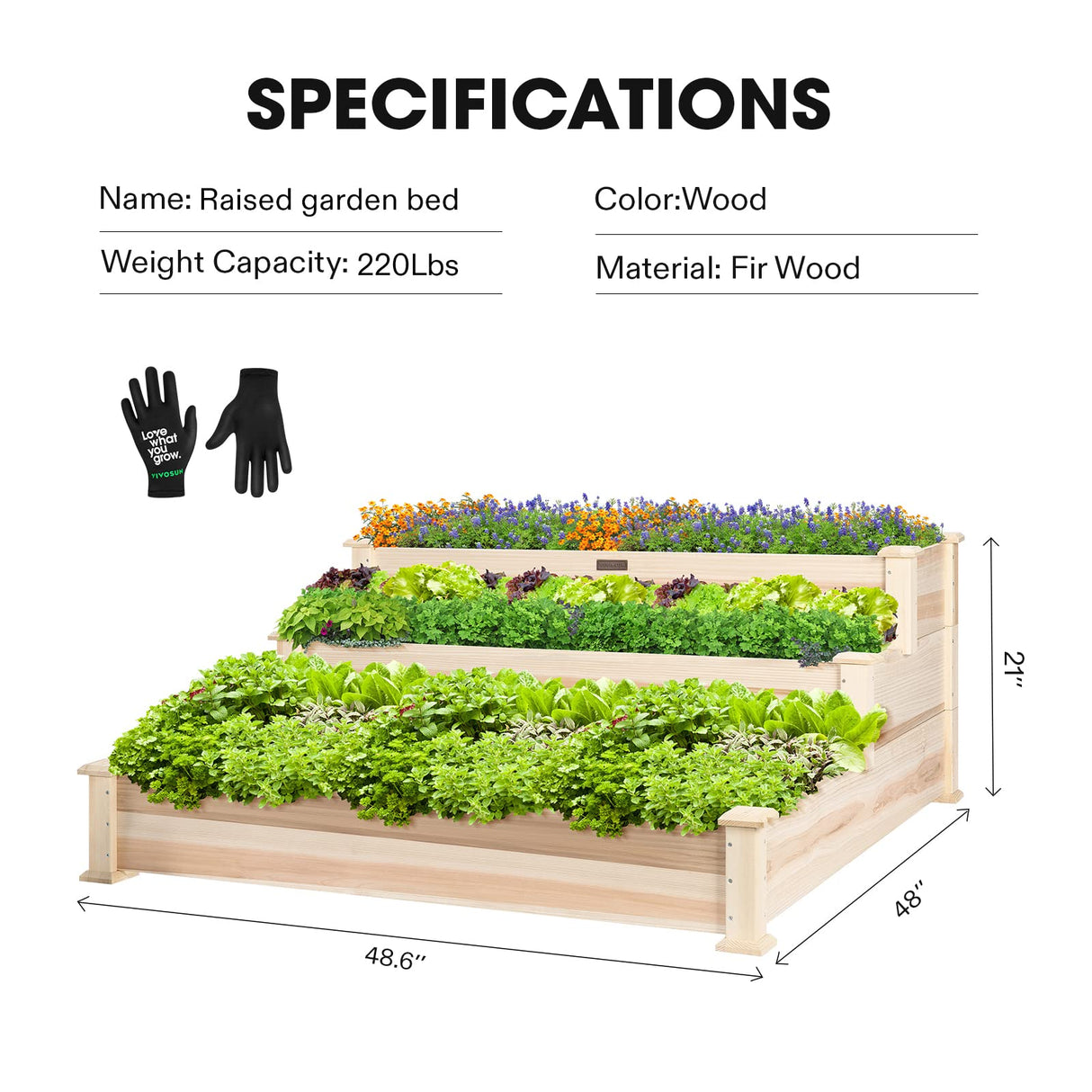 VIVOSUN 3-Tier Wooden Raised Garden Bed, 48 x 48 x 21 Inches, Outdoor Wood Planter Kit for Plants, Herbs, and Vegetables for Garden, Patio, Balcony, Backyard and Outdoors VIVOSUN