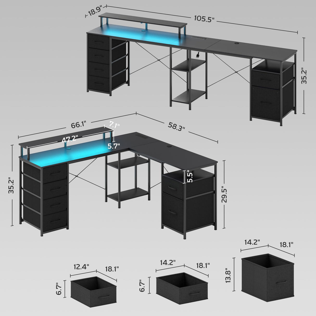 HOMCOM 66" L Shaped Gaming Desk, Reversible, 105" 2 Person Computer Desk with File Cabinet and Fabric Drawers, Power Outlets and LED Lights, Monitor Stand, Distressed Black HOMCOM