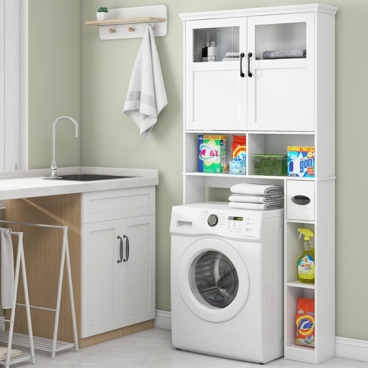 Vabches Over The Toilet Storage Cabinet, Storage Cabinet Over Toilet with Double Doors & Toilet Paper Holder Stand, Freestanding Toilet Shelf Space Saver with Anti-Tip Design & Adjustable Shelf, White Vabches