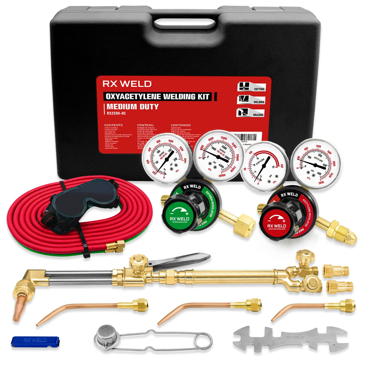 RX WELD Medium Duty Oxy Acetylene Torch Kit with Check Valves, Gas Cutting Welding Kit Brazing Welder Tool Set, CGA540 and CGA510 Regulator RX WELD