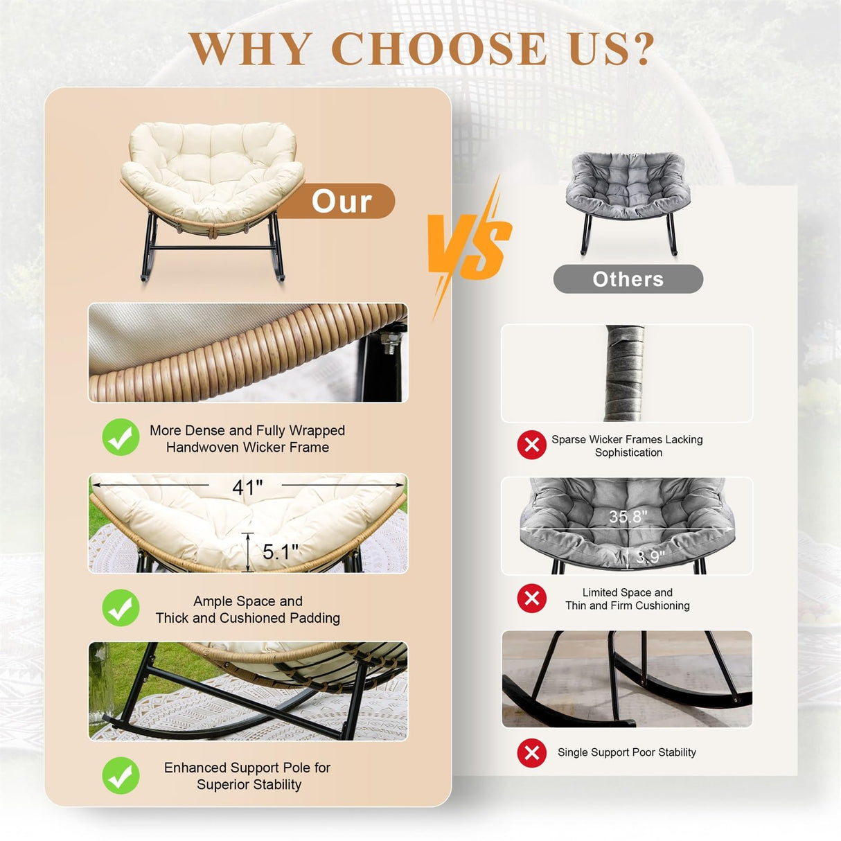 FINCATI Egg Rocking Chair with Ottoman Set of 2, Comfy Oversized Papasan Lounge Chairs with Padded Cushions, Double 2 Person Patio Rocker, Reading Glider for Indoor Outdoor Balcony Living Room, Beige FINCATI