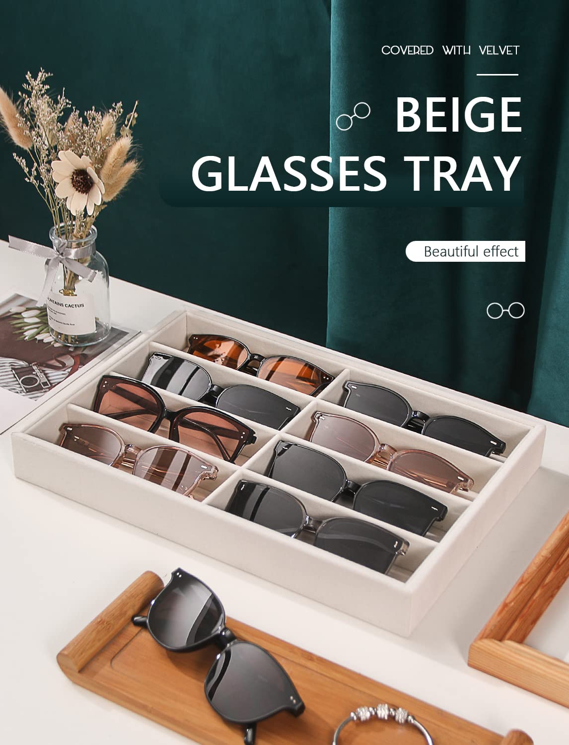 Coward Sunglass Organizer, Beige Velvet Glasses Trays - Eyeglasses Watches Jewelry Display - Men Women (8 Grids) Coward