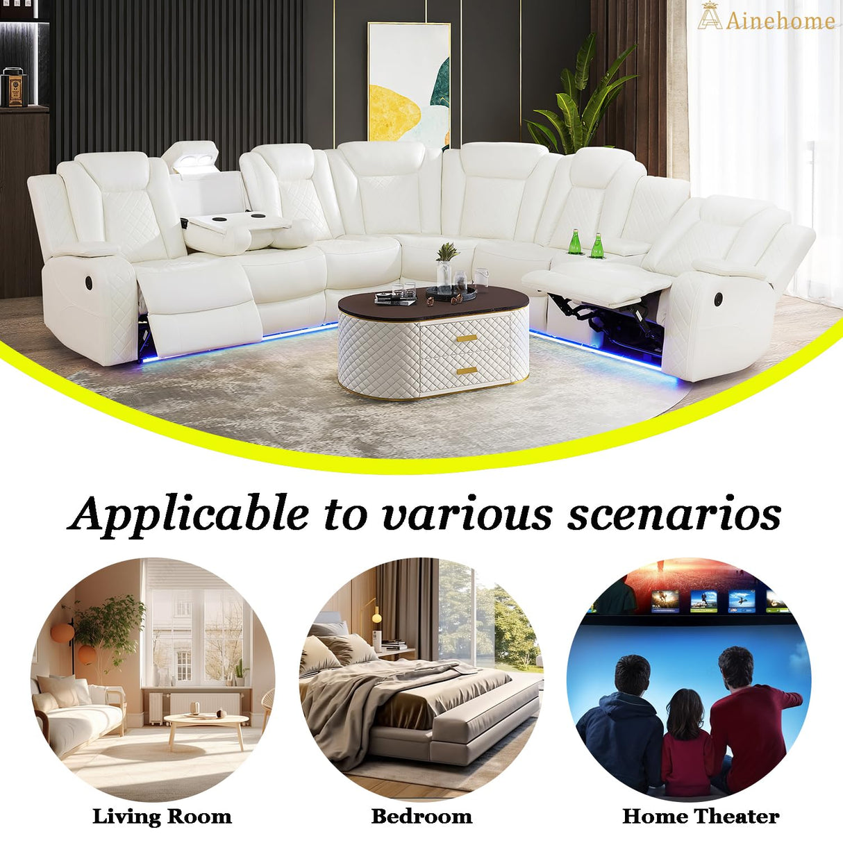 A Ainehome Power Recliner Sectional Sofa Couch with 2 Recliner, Living Room Furniture Sets, Leather Power Reclining Sectional Sofa Set with LED, Leather Couches with USB Port&Storage for Living Room A Ainehome