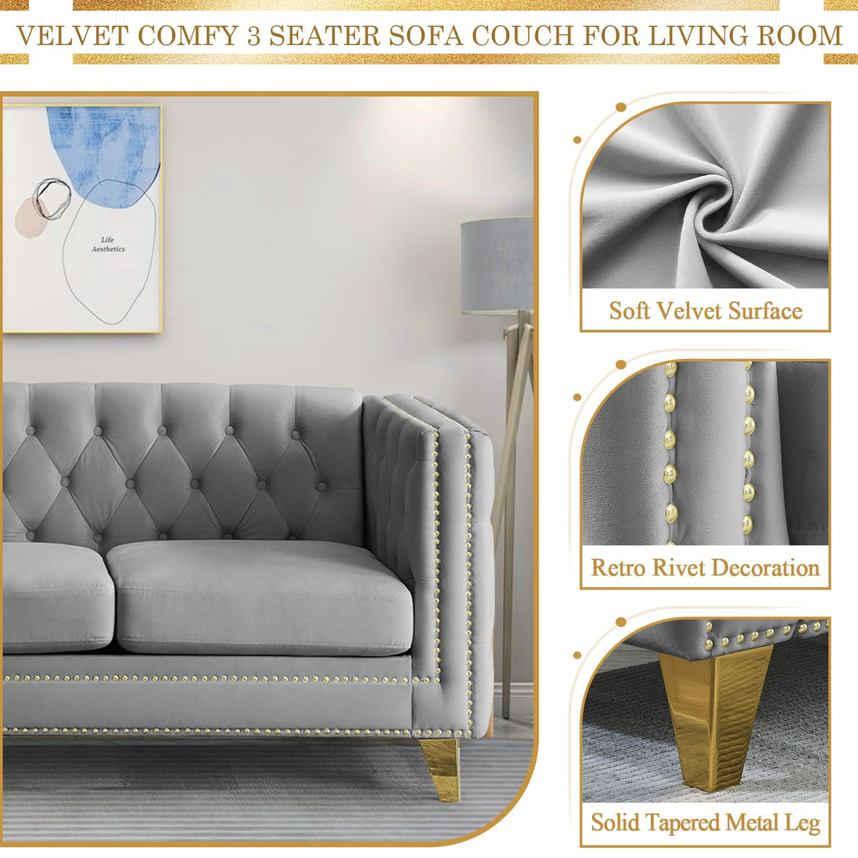 Velvet 3 Seater Sofa Couch, Comfy Couches for Living Room, Modern Sofa with Tufted Back and Rivet Decoration, Upholstered Long Couch with Solid Golden Metal Tapered Legs, Grey KINFFICT