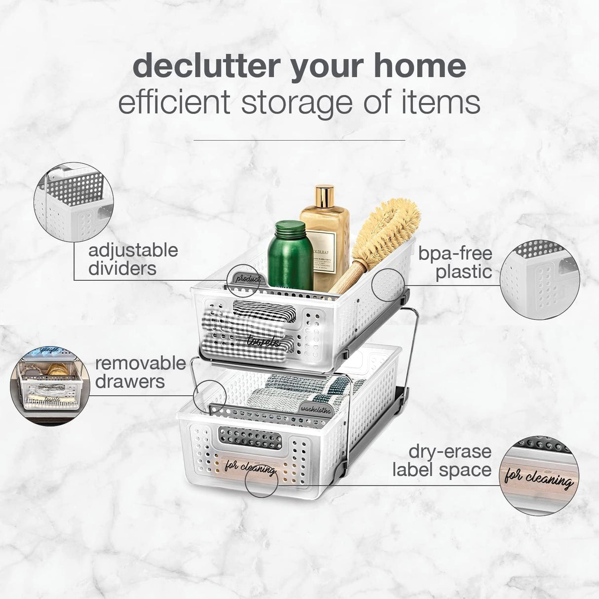 madesmart 2-Tier Organizer, Multi-Purpose Slide-Out Storage Baskets with Handles and Dividers, Frost madesmart