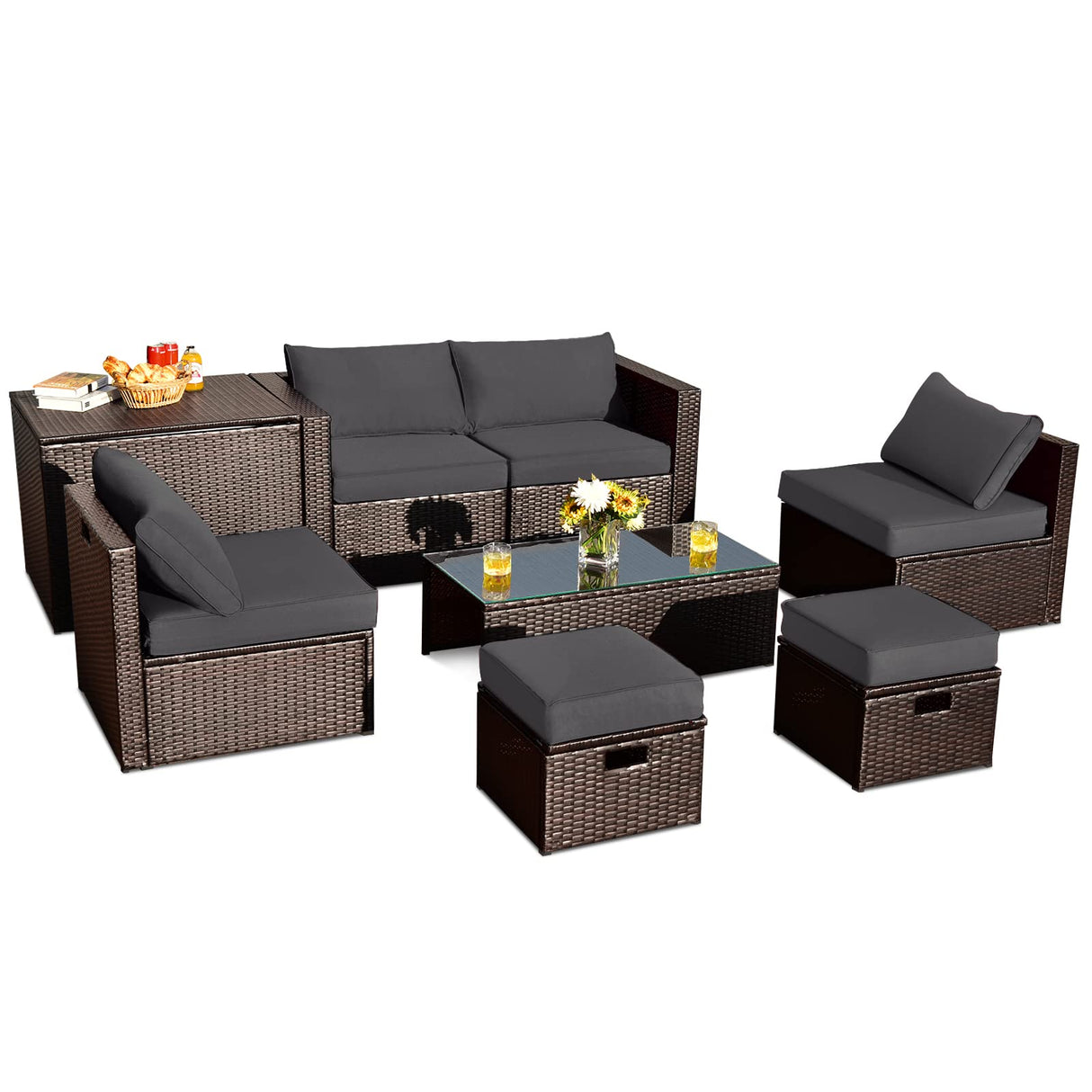 Tangkula 8 Piece Patio Furniture Set, Patiojoy Outdoor Space Saving PE Rattan Sectional Sofa Set for 6 with Waterproof Cover, for Garden, Deck, Poolside and Balcony (Grey) Tangkula