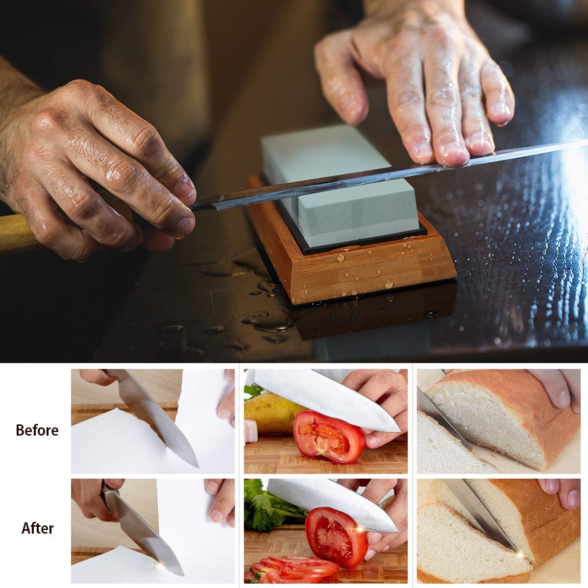 Knife Sharpening Stone Set,4 Side Grit 400/1000 3000/8000 Water Stone,Whetstone Kit with Non-slip Bamboo Base,Flattening Stone,Angle Guide,Leather Strop,Polishing Compound and Honing Guide. HJYC