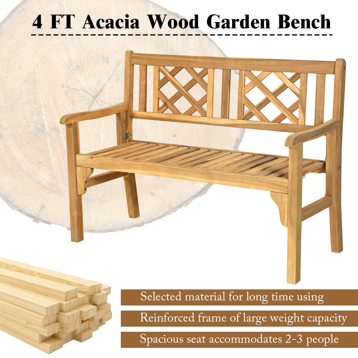 Giantex Outdoor Bench, Patio Wooden Bench, 4 Ft Foldable Acacia Wood Garden Bench, Outside Loveseat with Curved Backrest and Armrest, 705Lbs Weight Giantex