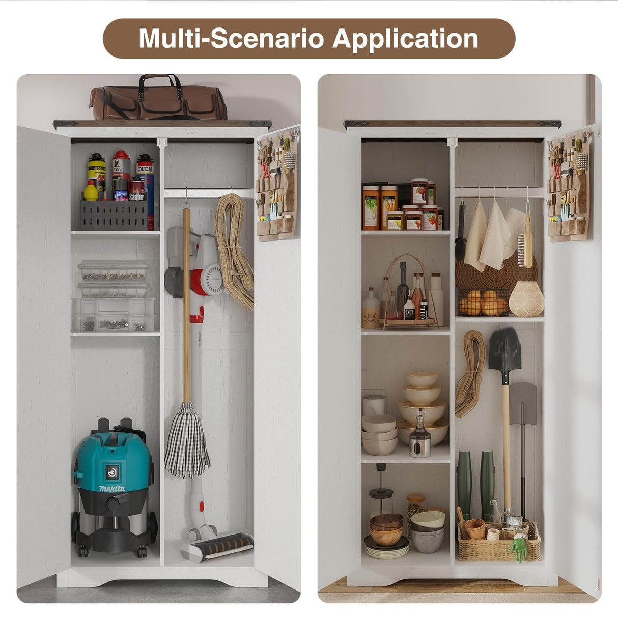 Befrases 72" H White Tall Farmhouse Storage Cabinet with Adjustable Shelves, Large Pantry Organize with 2 Barn Doors, Freestanding Cabinet for Kitchen, Garage, Basement, Living, Utility Room Befrases