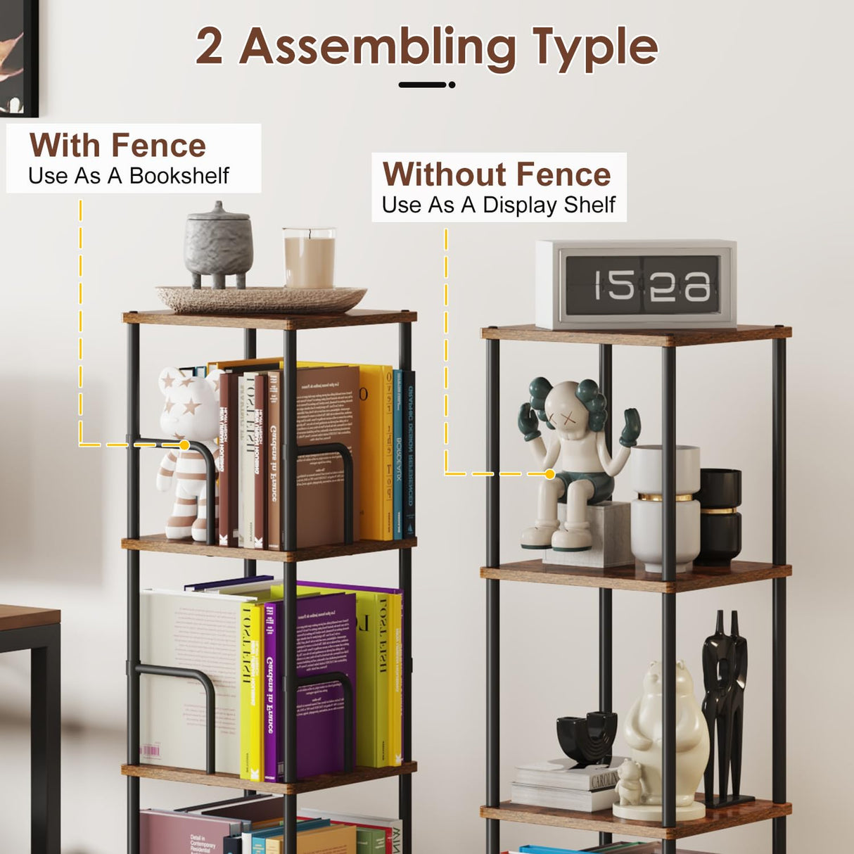 Rotating Book Shelf, 4 Tier Small Narrow Corner Bookshelf Bookcase For Small Spaces, Floor Standing Little Square Bookshelves Bookcases For Bedroom/Living Room, Sturdy, 120 Books Capacity,Retro Rustic Cidaziya