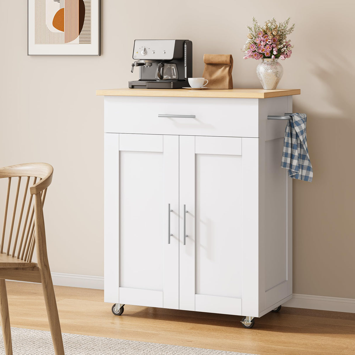 OtterOasis Kitchen Island Cart with Storage, Small Kitchen Island on Wheels with Large Drawer, Adjustable Shelf & Towel Rack, Rolling Island Table for Kitchen & Dining Room, White OtterOasis