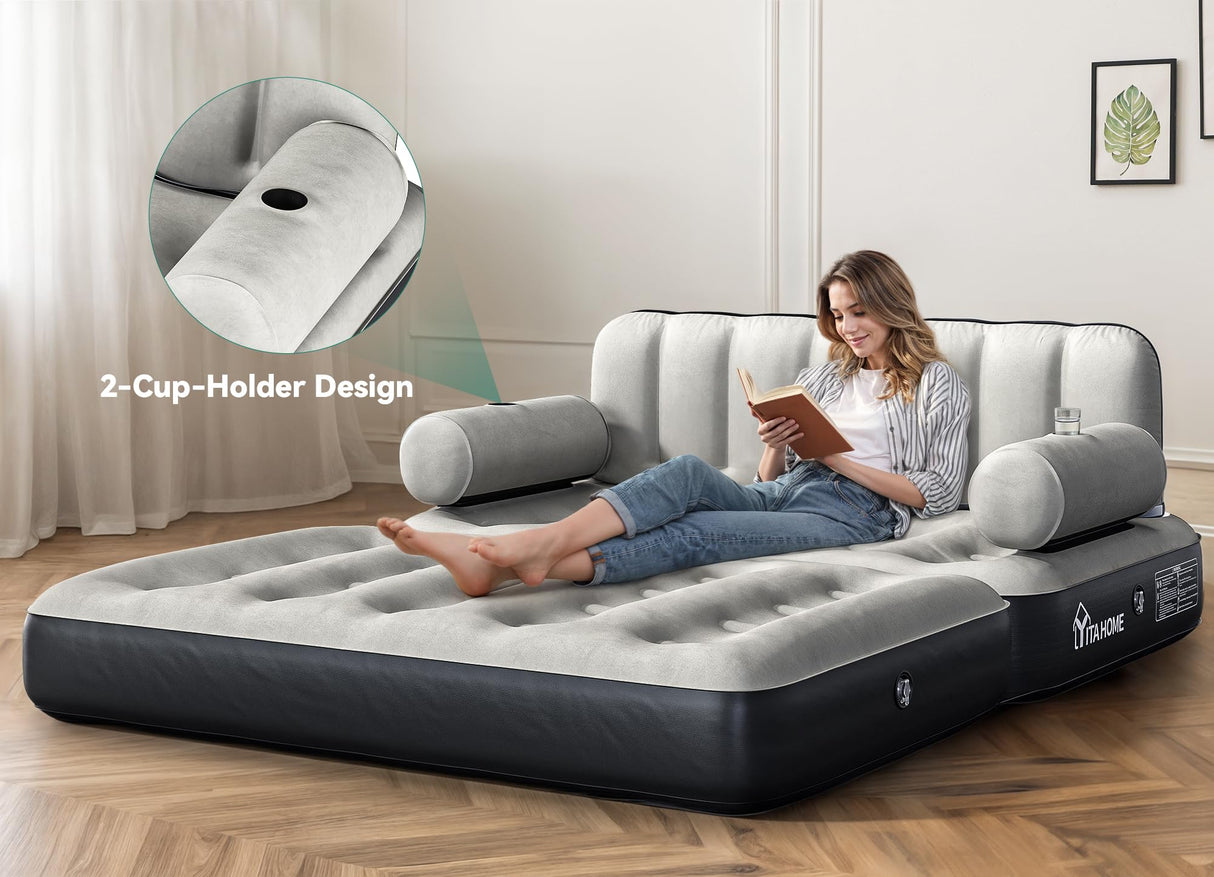 YITAHOME Queen Size Air Sofa Bed Mattress with Headboard and Pump, Blow Up Couch Inflatable Bed for Home Living Room, 79" x 60" x 25" (Expanded Size, Black) YITAHOME