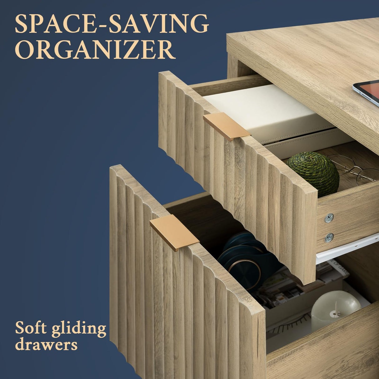 OAKHAM HOME Oxford 2 Drawer Nightstand, End Table with Charging Station, Night Stand with Fluted Panel, Farmhouse Sofa/Bed Side Table Set of 2 (Sunwashed Ash Oak) OAKHAM HOME