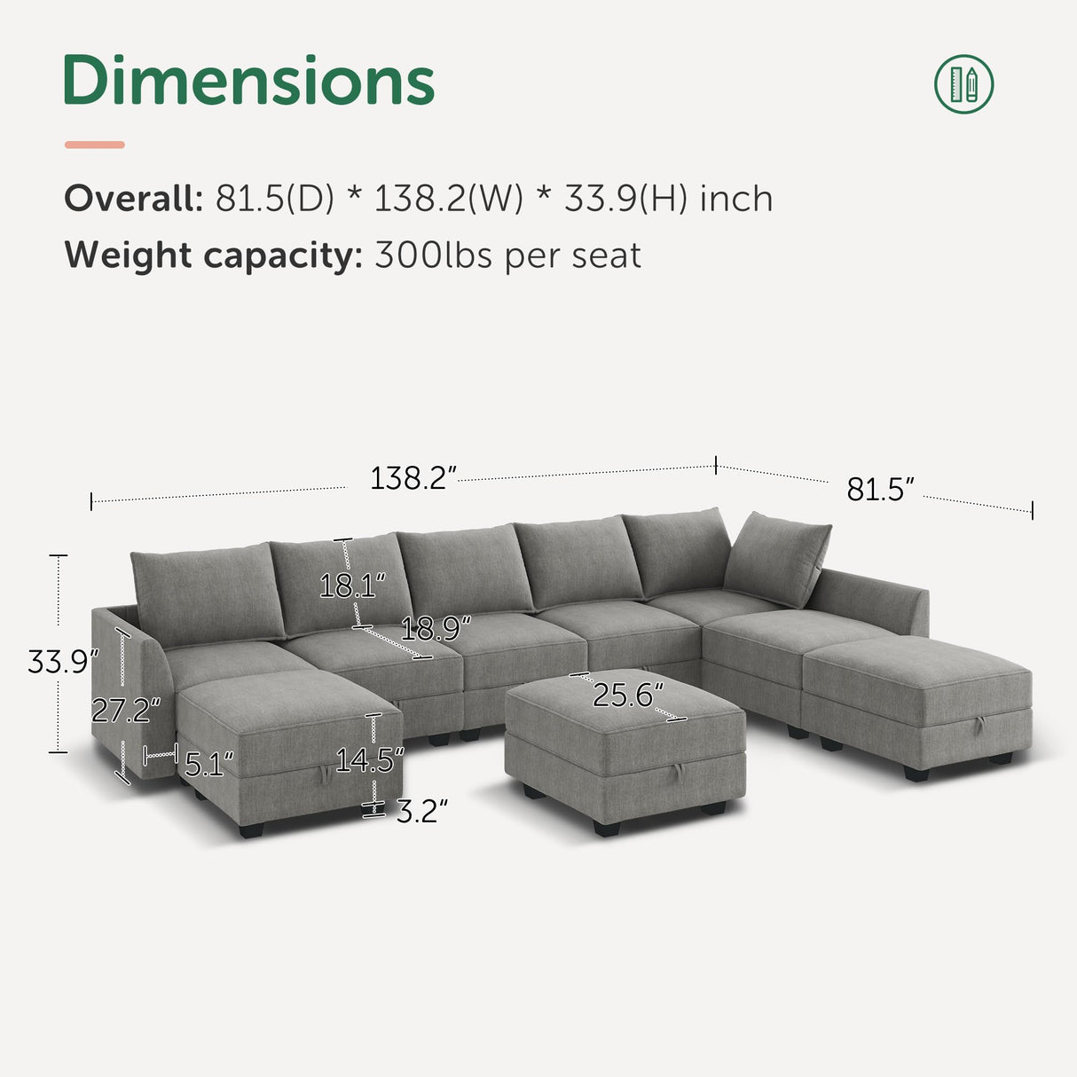 HONBAY Oversized Modular Sectional Sofa with Storage Seats Reversible Sectional Couch with Ottomans U Shaped Modular Sectional Couch for Living Room, Grey HONBAY