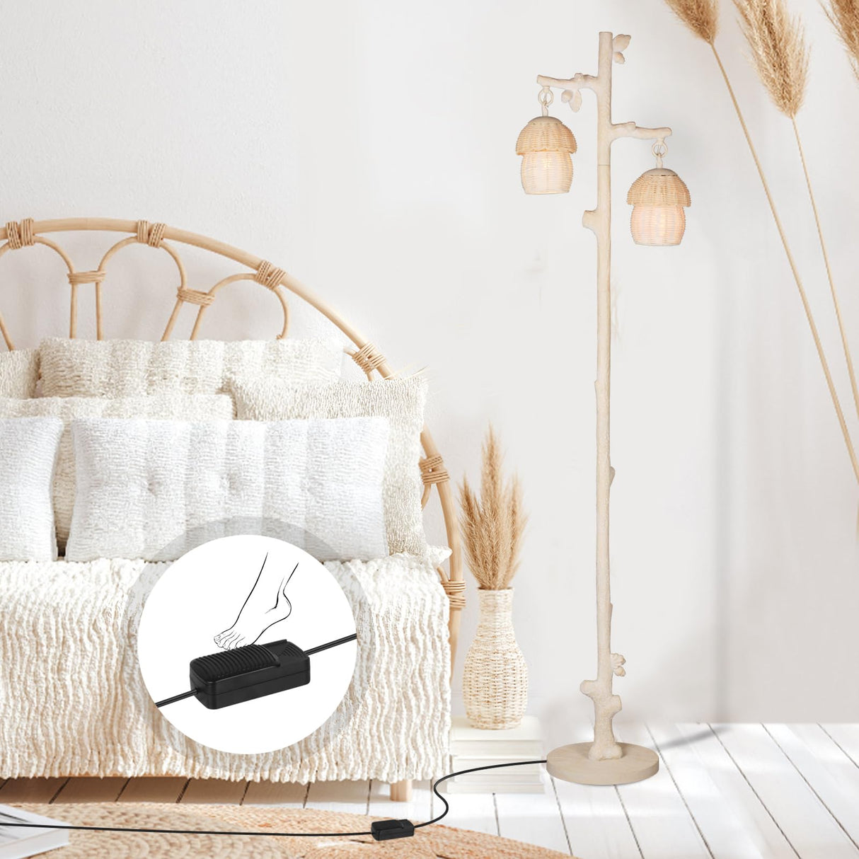 Rattan Floor Lamp with Faux Wood Finish, Boho Floor Lamps with Faux Pinecone and Leaves Decor, Beige WOXXX