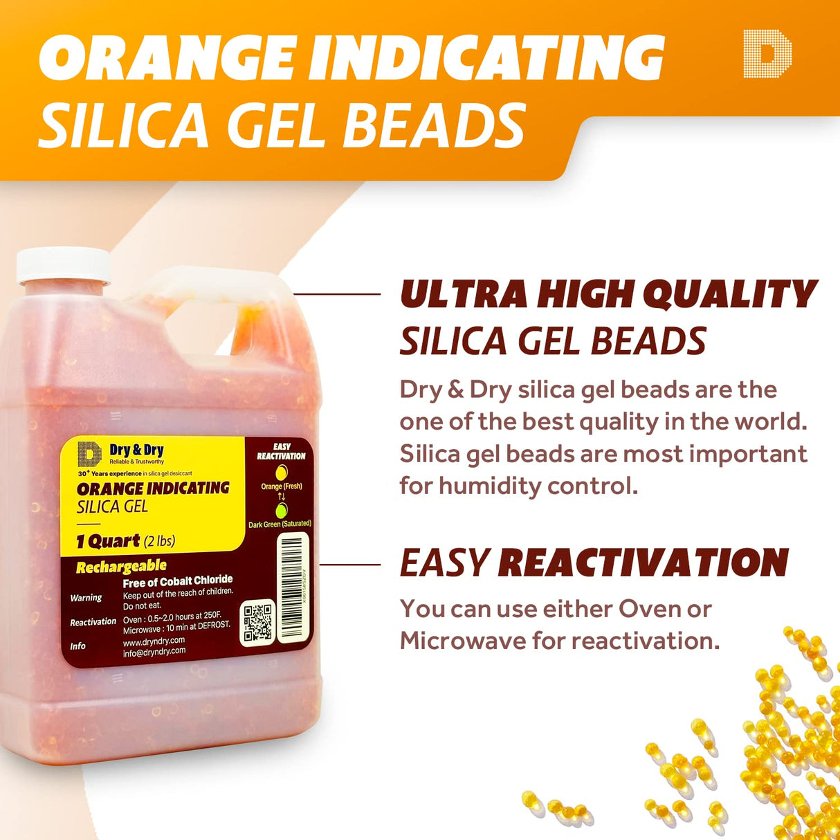 Dry & Dry" [1 Quart Premium Orange Indicating Silica Gel Desiccant Beads(Industry Standard 3-5 mm) - Rechargeable Silica Gel Beads(2 LBS) Dry & Dry