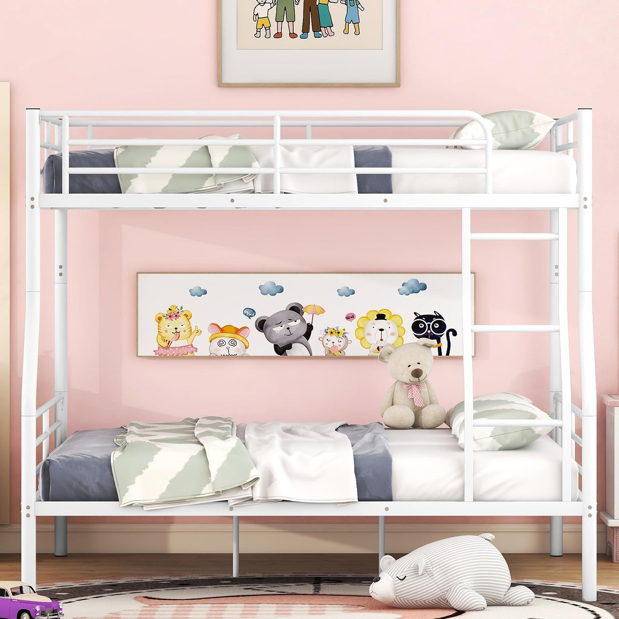 Full XL Over Queen Bunk Bed with Build in Ladder and Guardrail, Convertible Bunk Bed, Heavy Duty Metal Bunk Bed Full XL Over Queen Size Bunk Bed, White Bunk Bed for Kids, Teens, Adults Bellemave